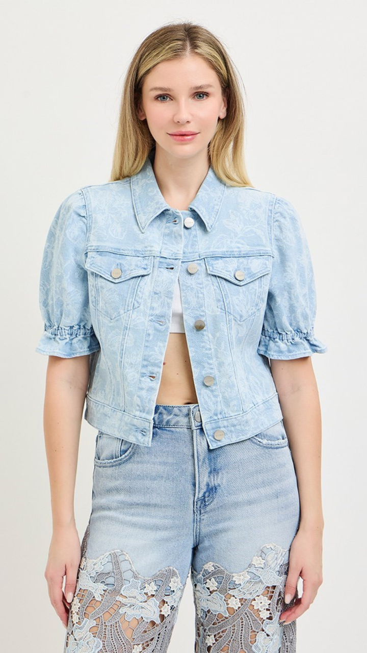 Floral Puff Sleeve Cropped Denim Jacket