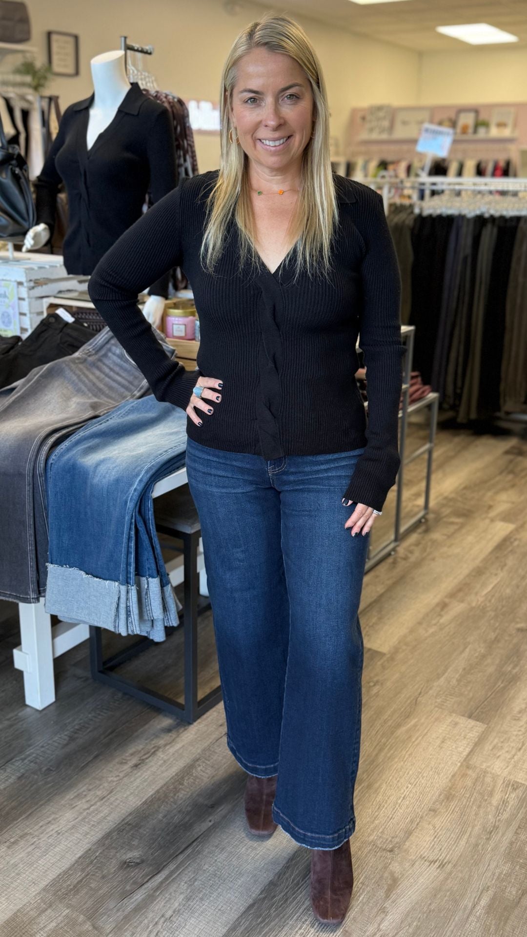 Front Twist V Neck Collared Sweater Knit Top