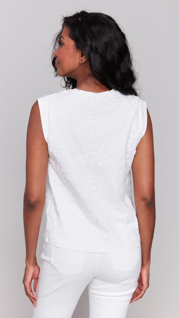 Embroidered Flowers Sleeveless Crew Neck Top