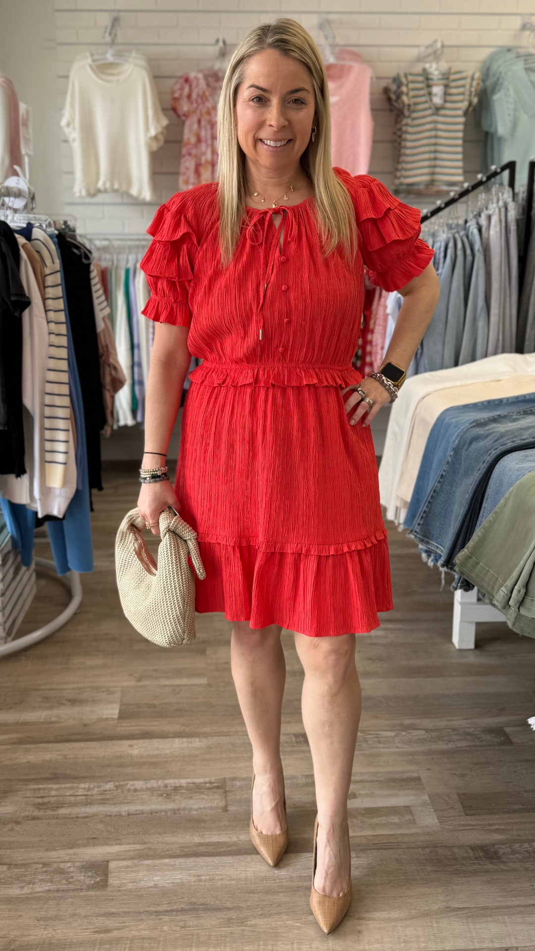 Coral Ruffle Sleeve Tiered Dress