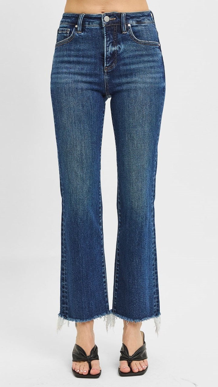 High Rise Tummy Control  Dark Wash Frayed Straight Jeans