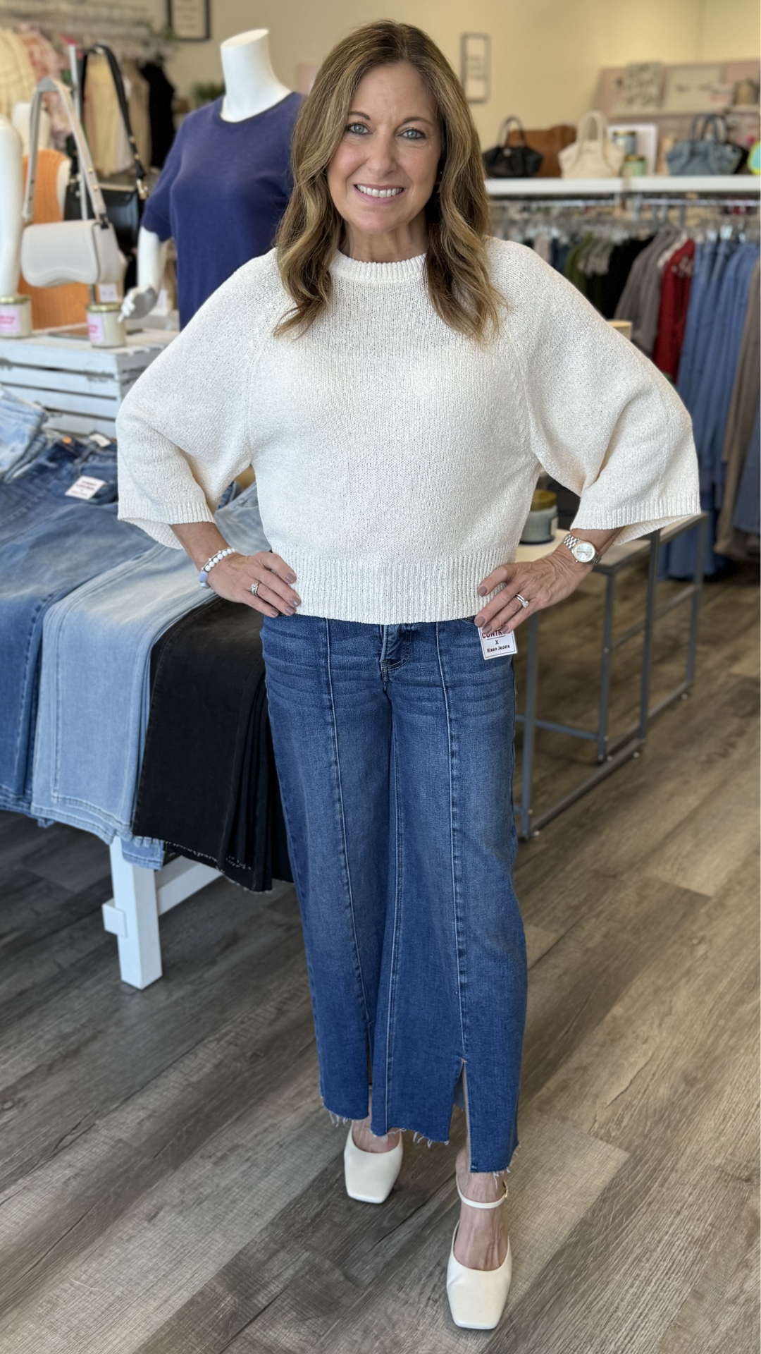 Cream Round Neck Quarter Sleeve Knitted Top
