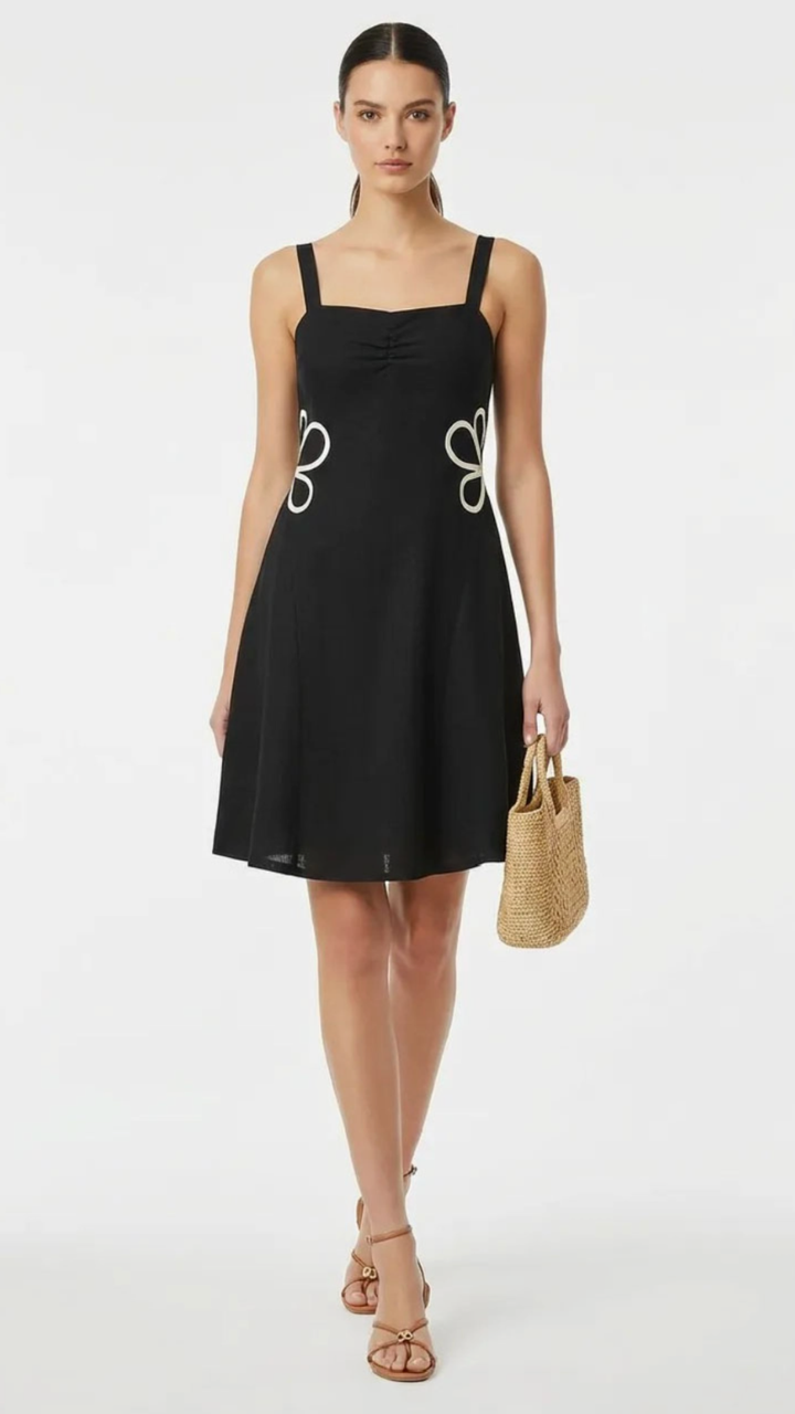 Black Applique Linen Dress