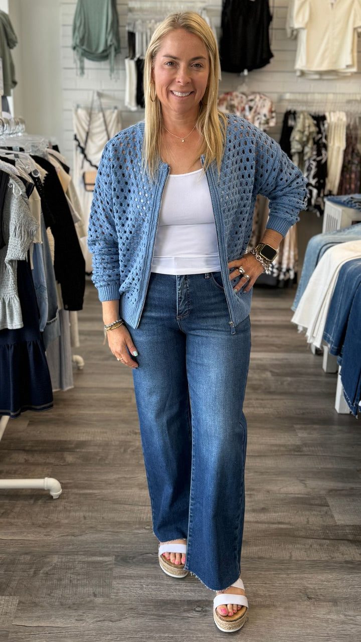 Mid Rise Tummy Control Dark Wash Crop Wide Adjustable Waistband Jeans