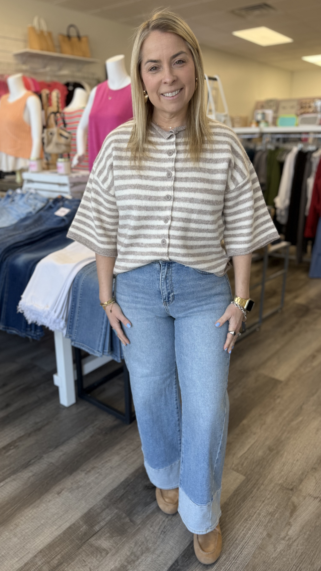 Taupe And Cream Striped Quarter Sleeve Sweater Cardigan