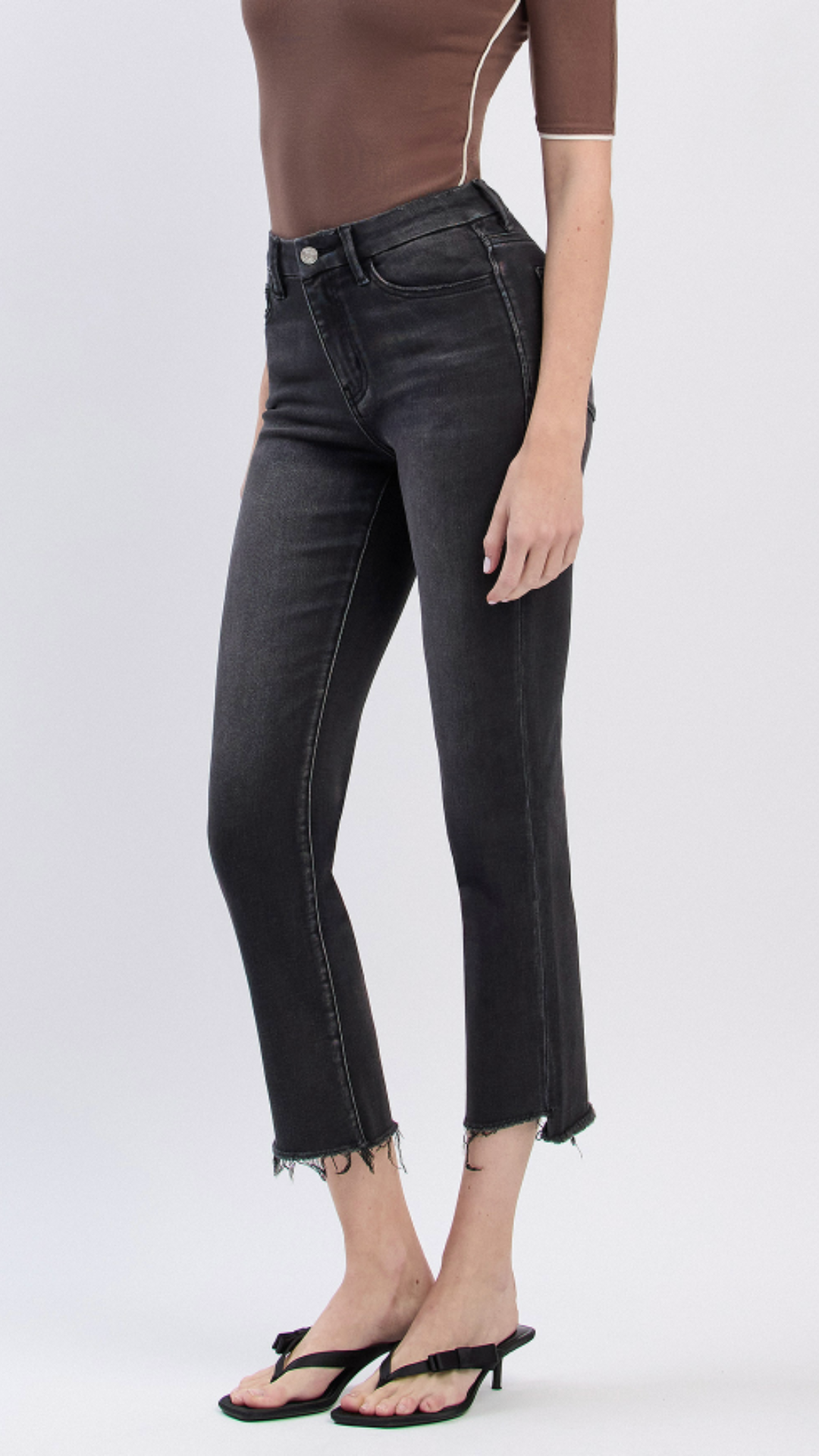 High Rise Black Frayed Hem Slim Straight Jeans