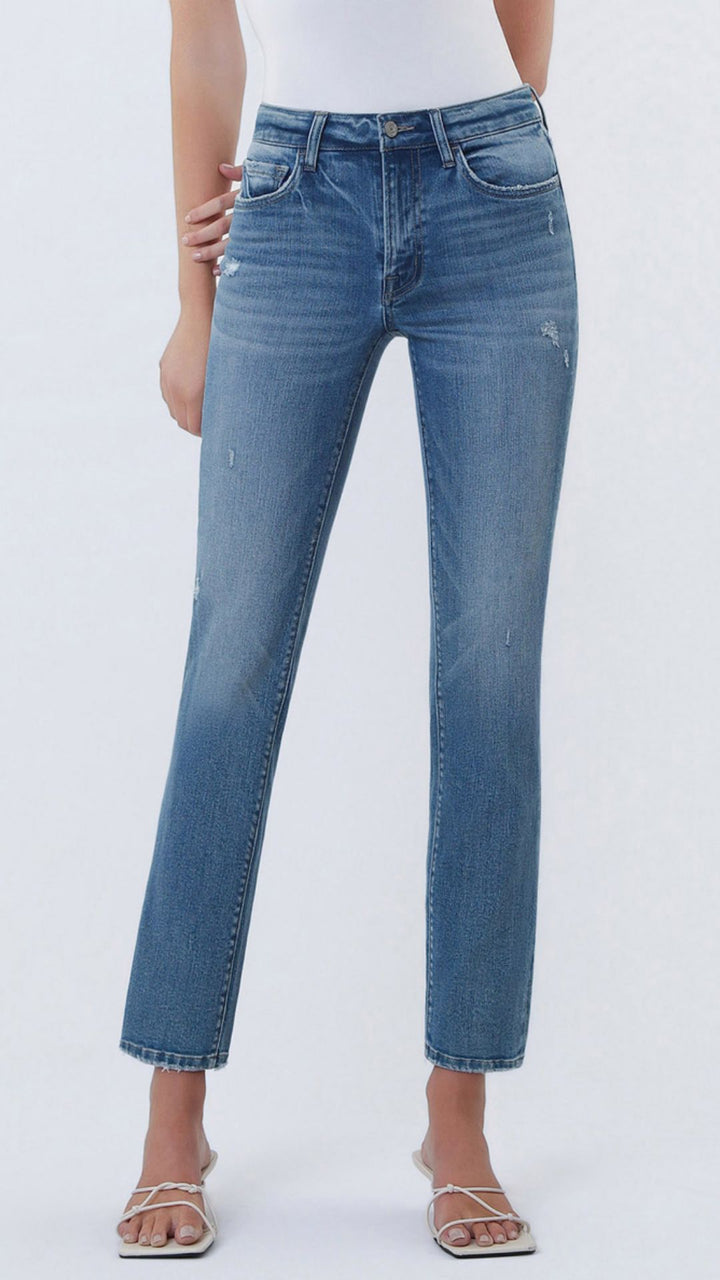 Mid Rise Medium Wash Ankle Slim Straight Slight Distressed Jeans