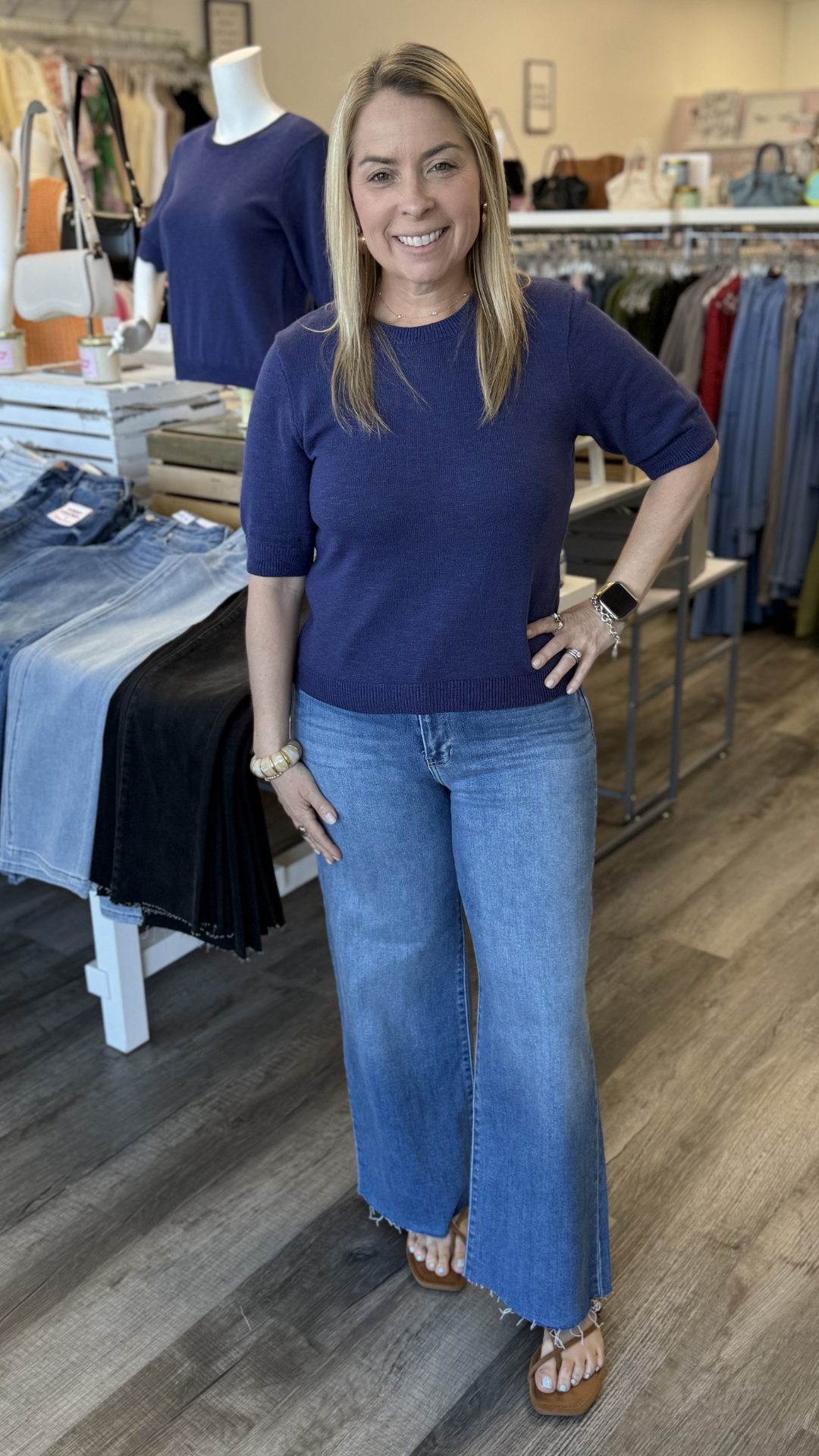 Navy Knit Short Sleeve Sweater