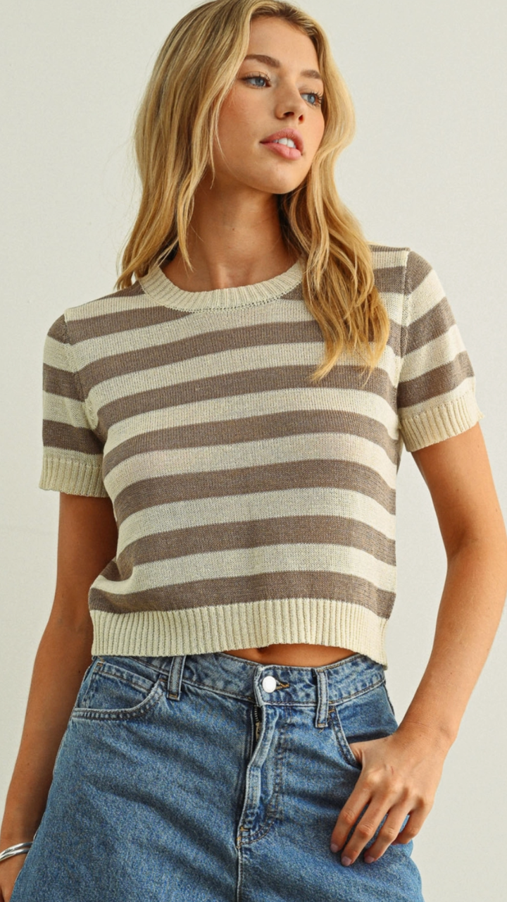 Mocha Striped Knitted Short Sleeve Top
