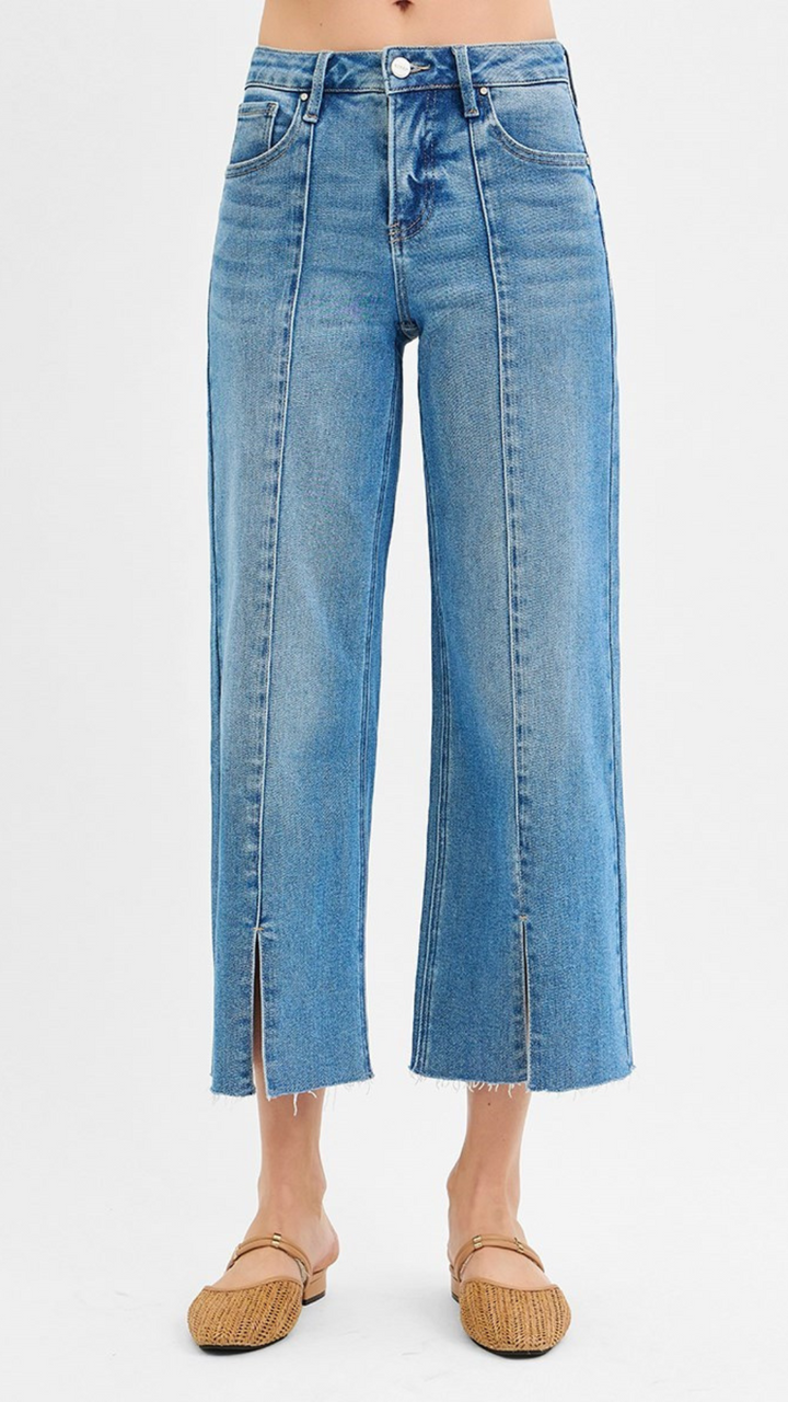 Mid Rise Tummy Control Medium Wash Crop Wide Front Slit Jeans