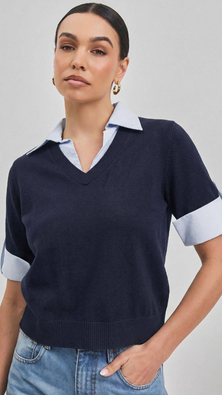 Navy Layered Look Short Sleeve Sweater Top