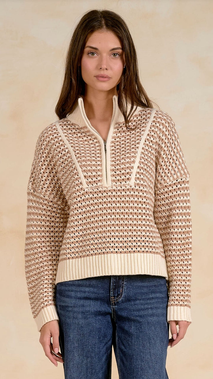 Natural Open Knit Quarter Zip Sweater