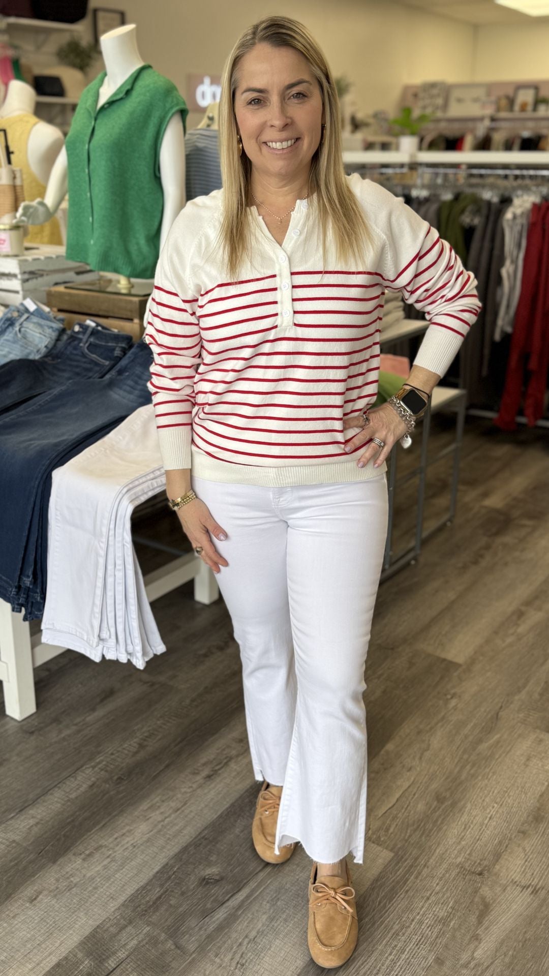 Red And White Henley Pullover Sweater