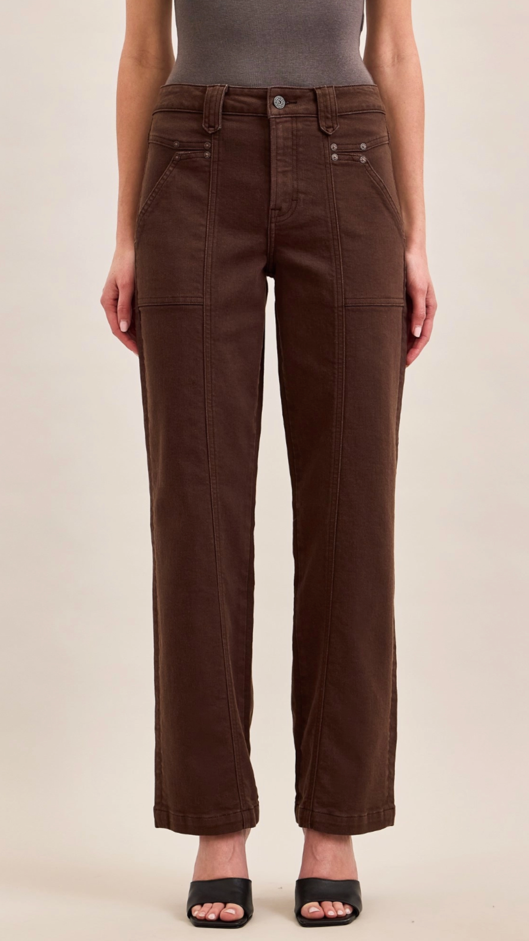 High Rise Mocha Front Seams Classic Straight Full Length Jeans