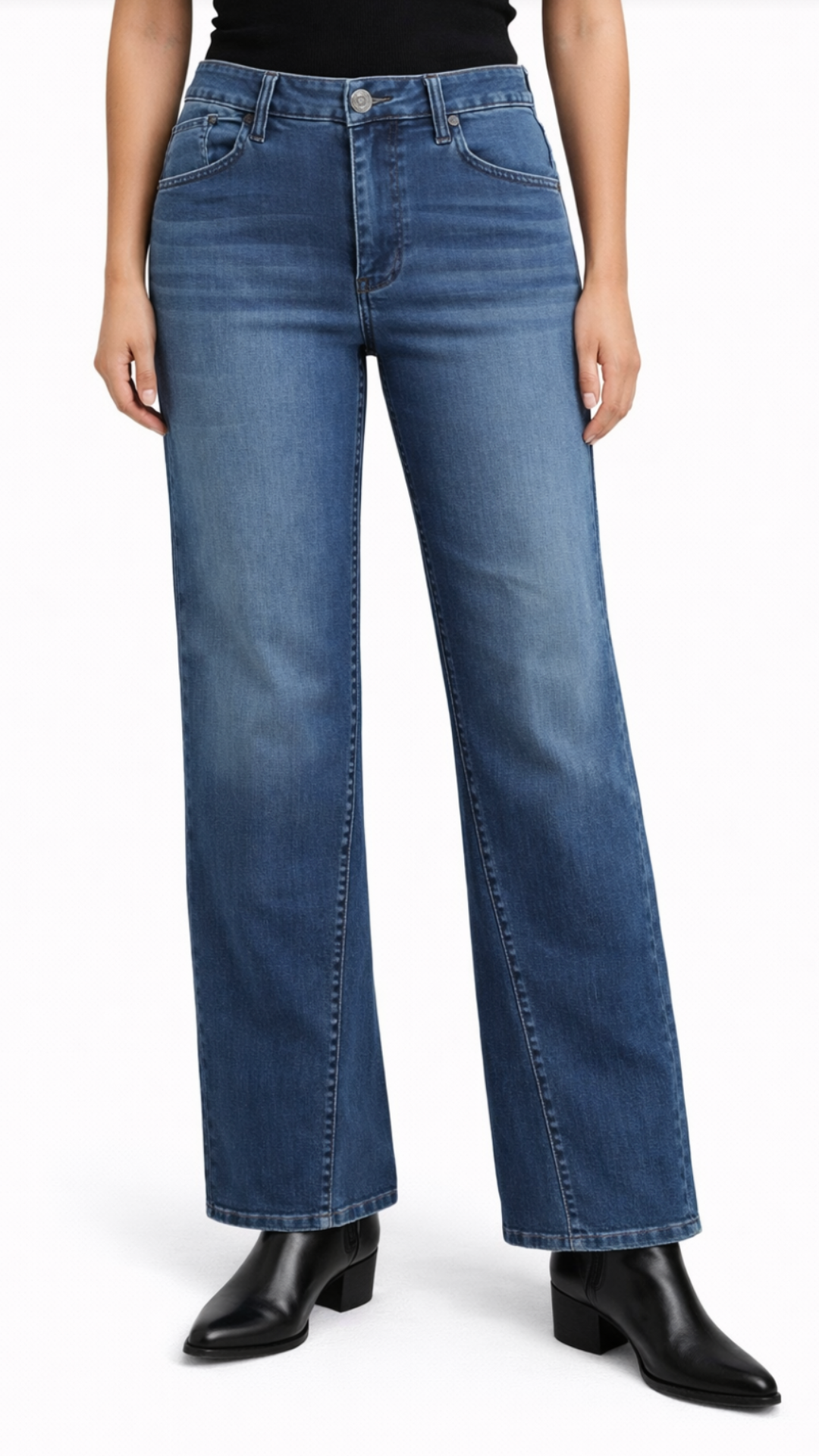 Mid Rise Dark Wash Better Butter Slim Wide Leg Forward Seam Full Length Jeans