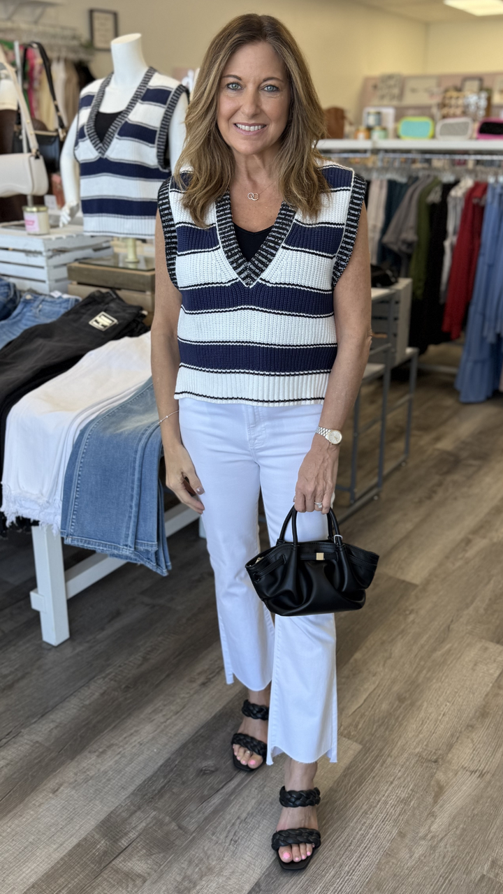 White Navy Stripe Sleeveless Sweater Vest