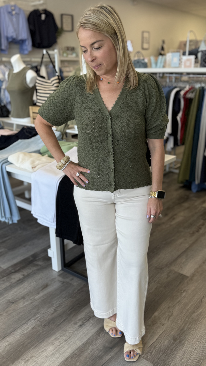 Olive Puff Sleeve Scalloped Edge Top