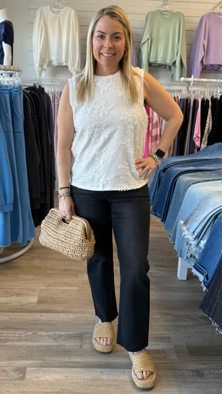 Embroidered Flowers Sleeveless Crew Neck Top