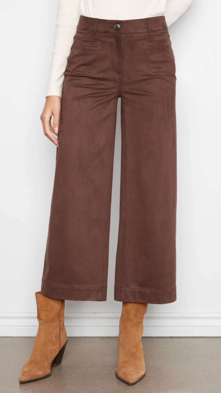Coffee Faux Suede Cropped Wide Leg Pants