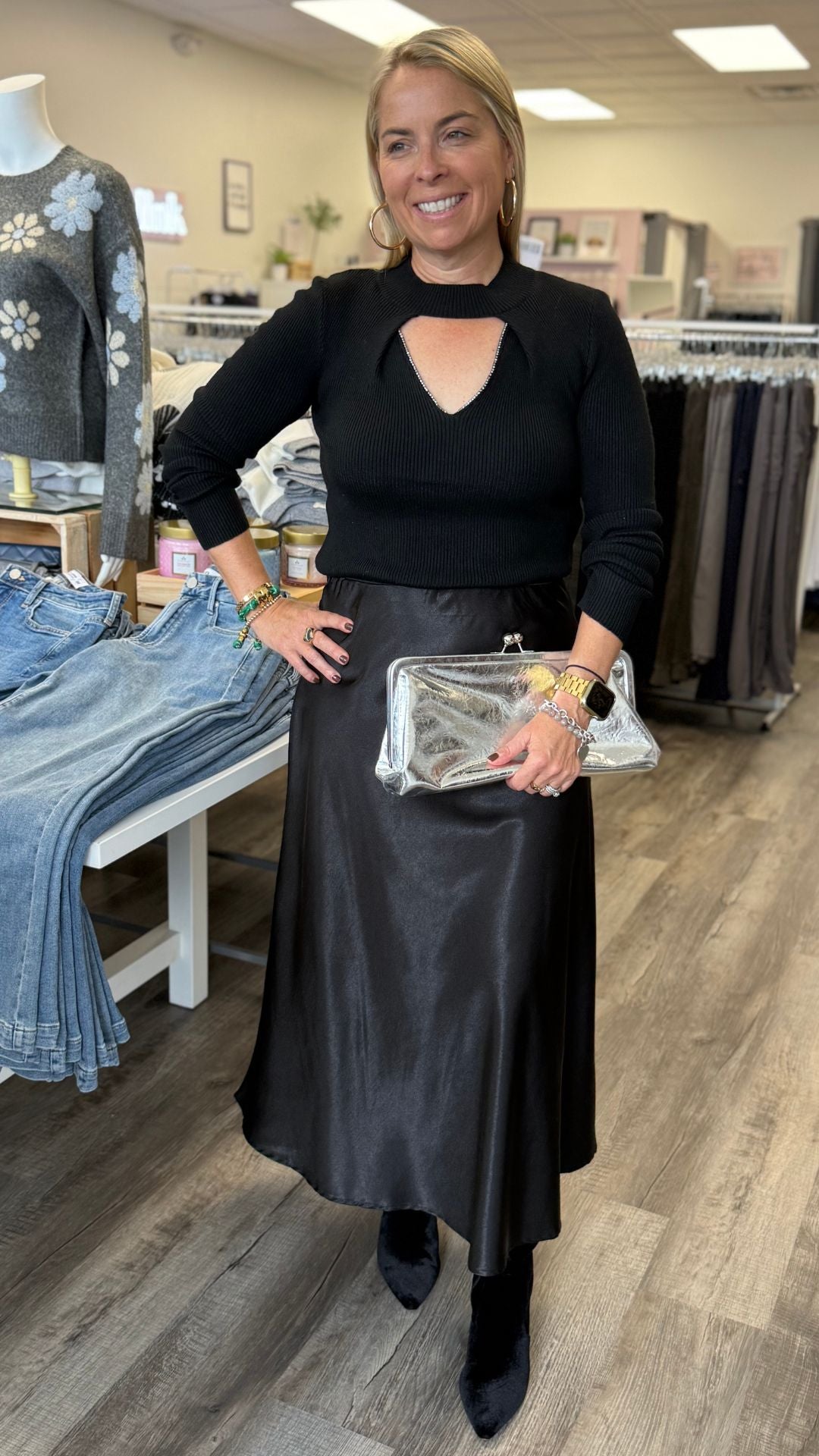 Black V Neck Stud Trim Detailed Top