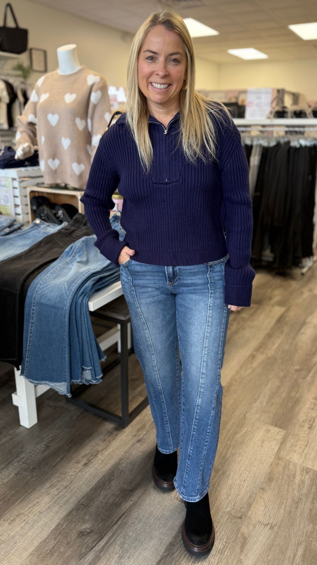 High Rise Medium Wash Seam Detail Crop Straight Jeans