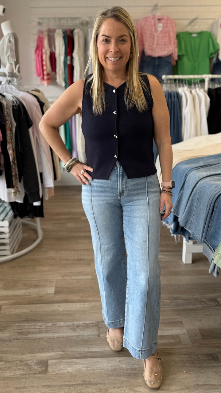 High Rise Light Wash Crop Wide Leg Jeans With Seam Detail