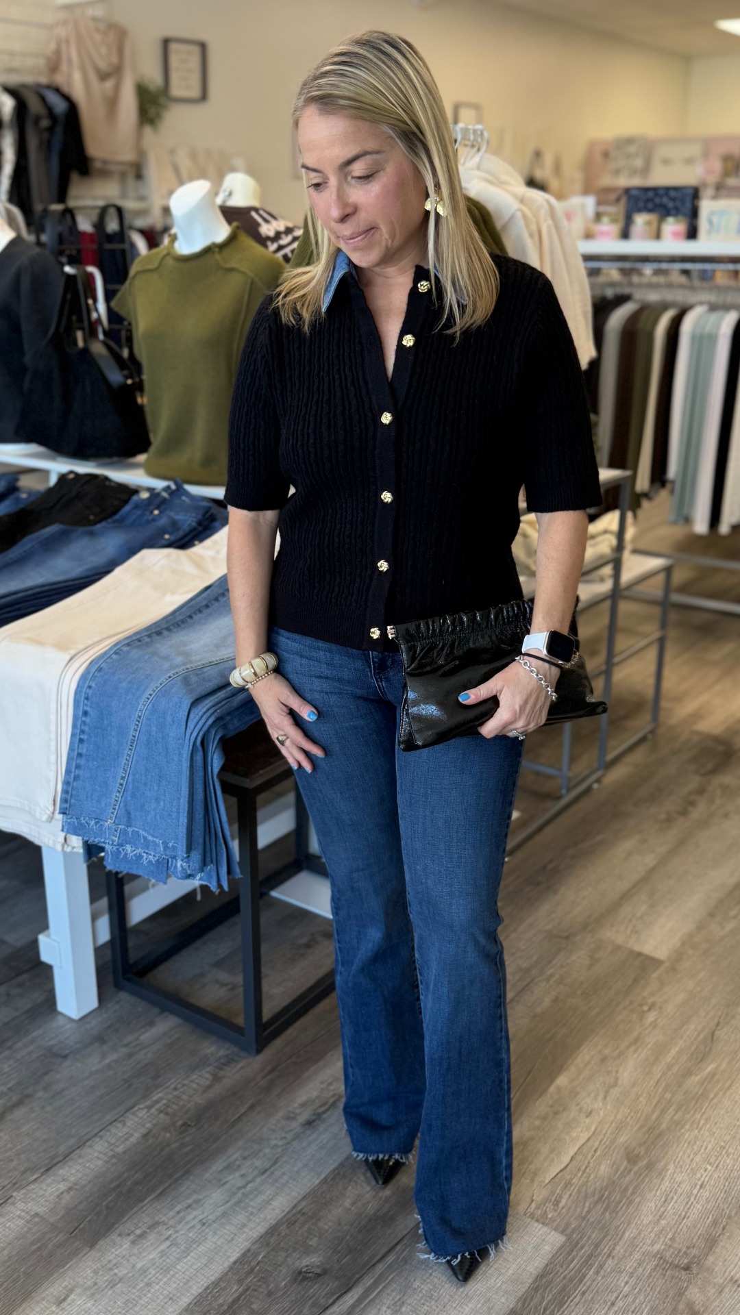 Denim Trim Short Sleeve Cable Knit Buttoned Top