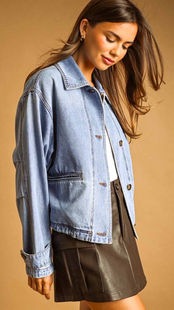 Denim Button Front Bomber Jacket