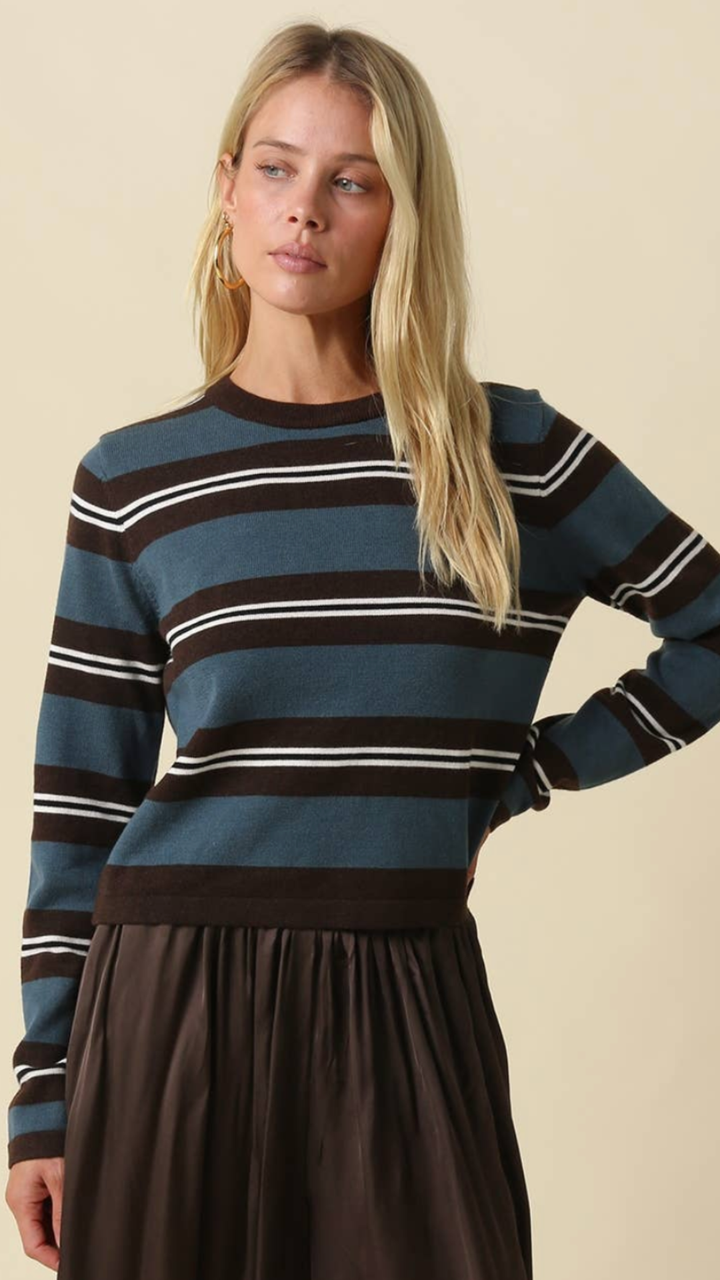 Brown And Teal  Stripe Knit Top