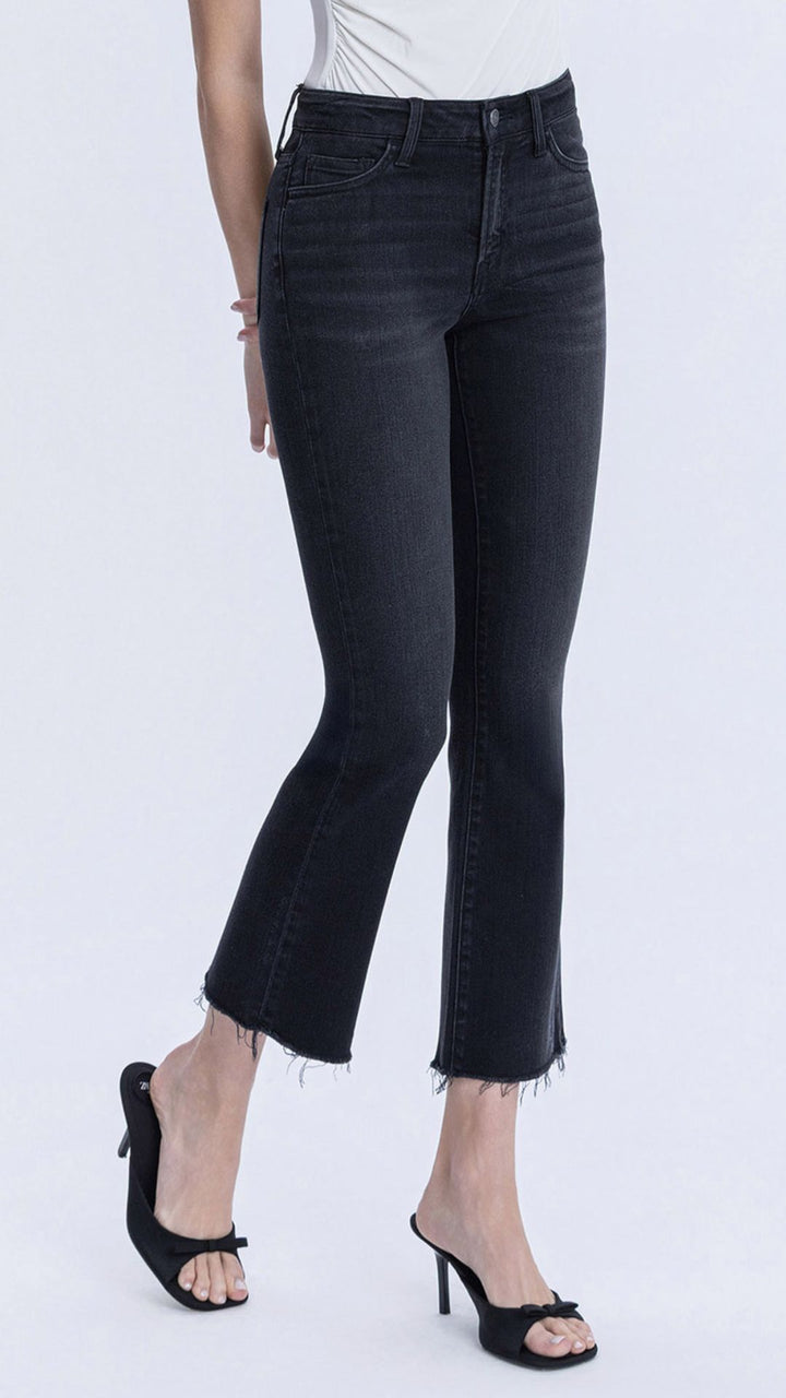 High Rise Black Raw Hem Ankle Bootcut Jeans