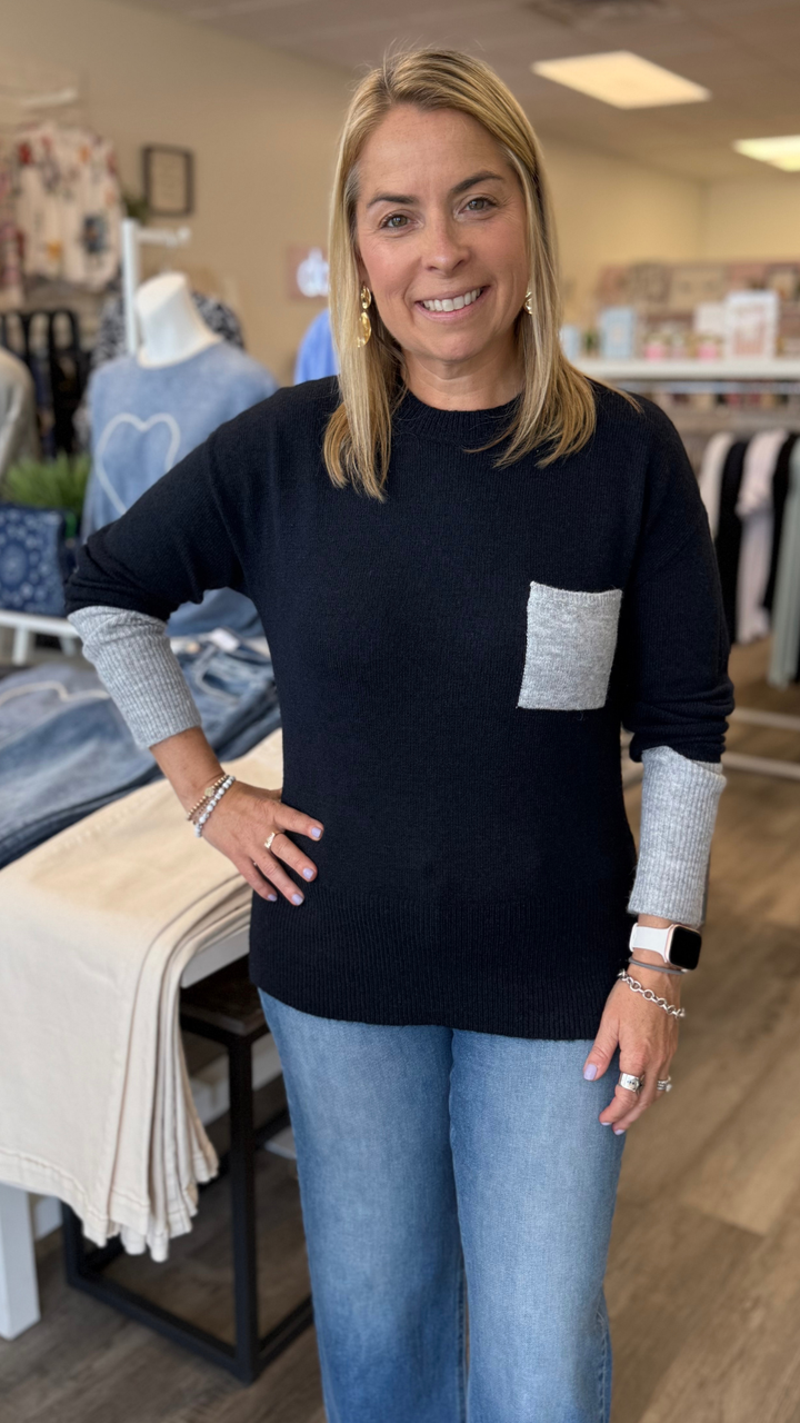 Navy Crew Neck Sweater With Grey Contrast Details