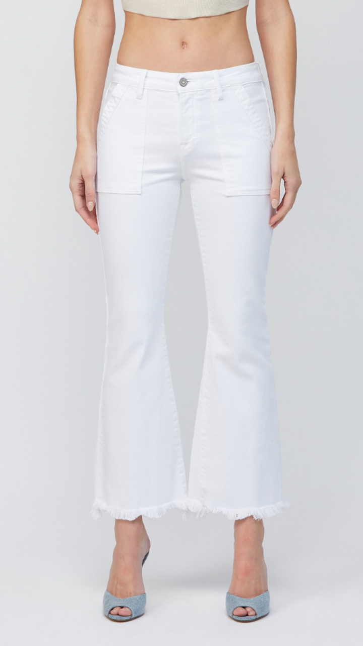 HAPPI Mid Rise White Cargo Pocket Flare Jeans
