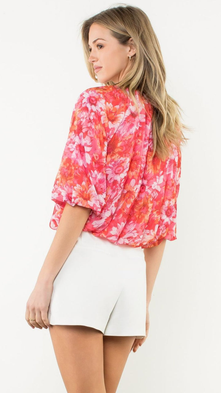 Floral Elastic Hem Balloon Sleeve Blouse
