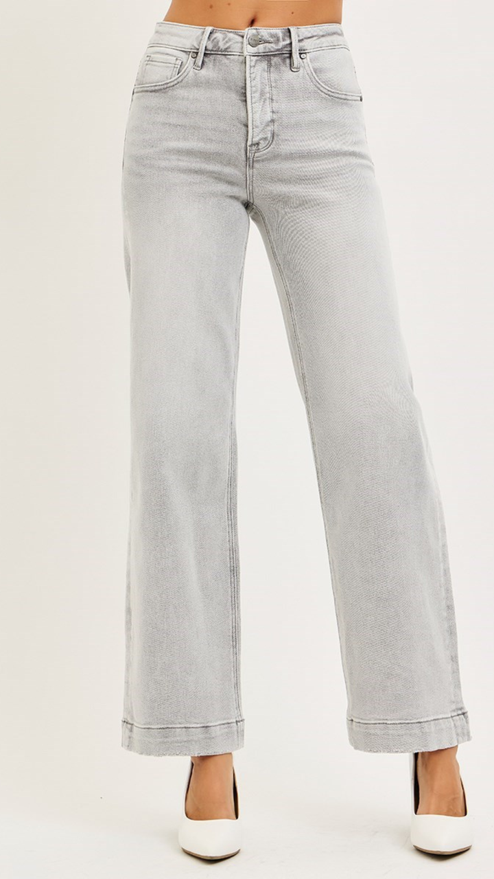 High Rise Light Grey Ankle Wide Leg Jeans