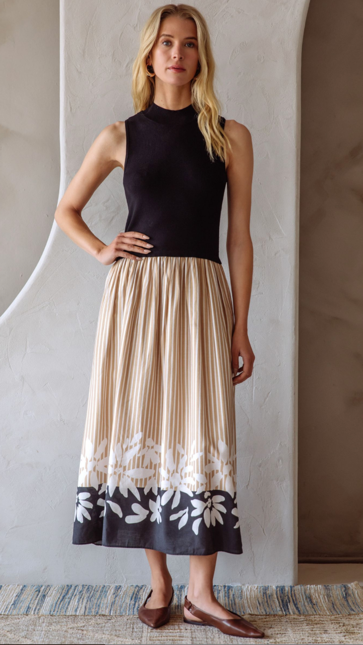 Beige Black Floral Detail Midi Dress