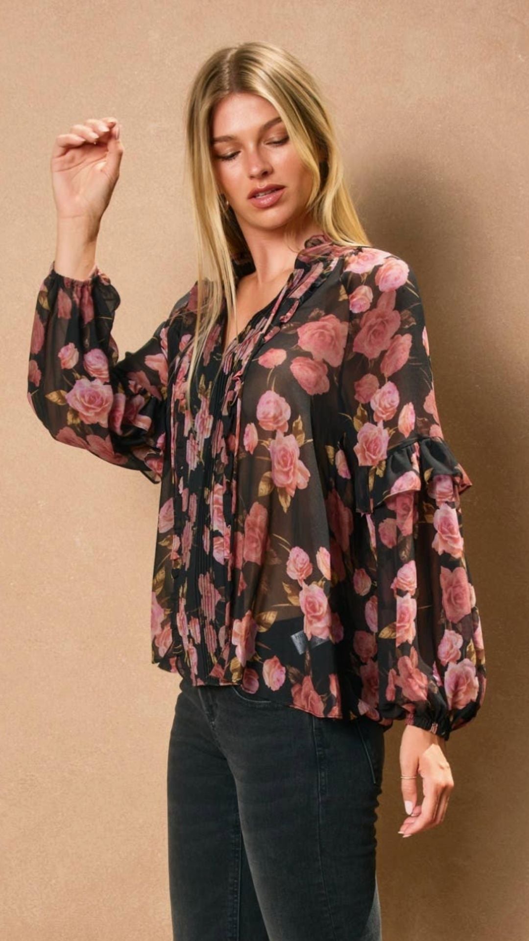 Rose Pleated Sheer Ruffled Blouse