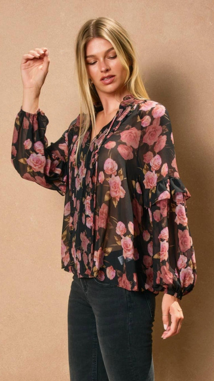 Rose Pleated Sheer Ruffled Blouse