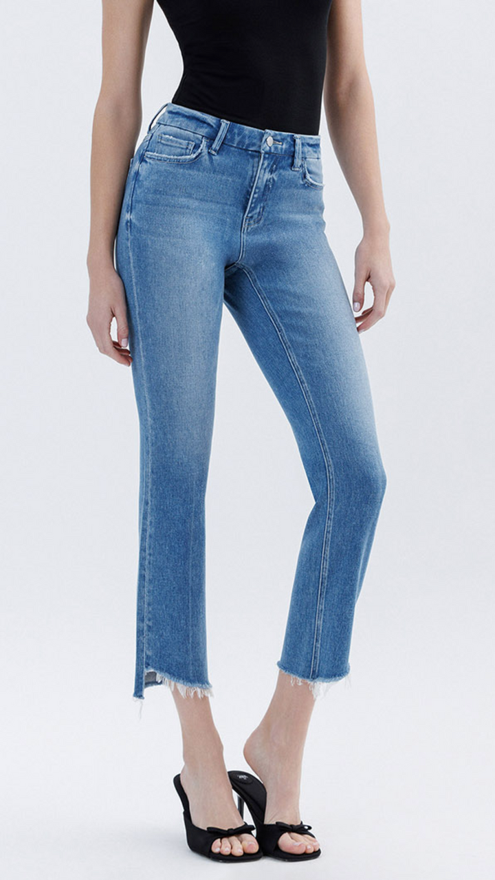 High Rise Medium Wash Raw Slant Hem Slim Straight Jeans