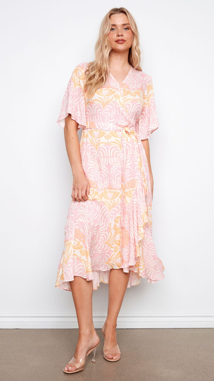 Flutter Elbow Sleeve Wrap Maxi Dress
