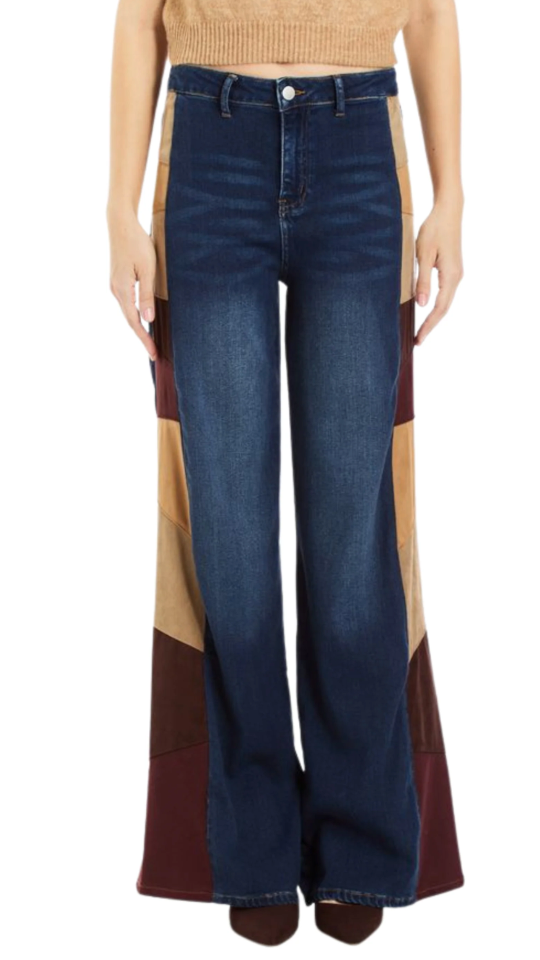 Suede Side Panel Denim Wide Leg Jeans