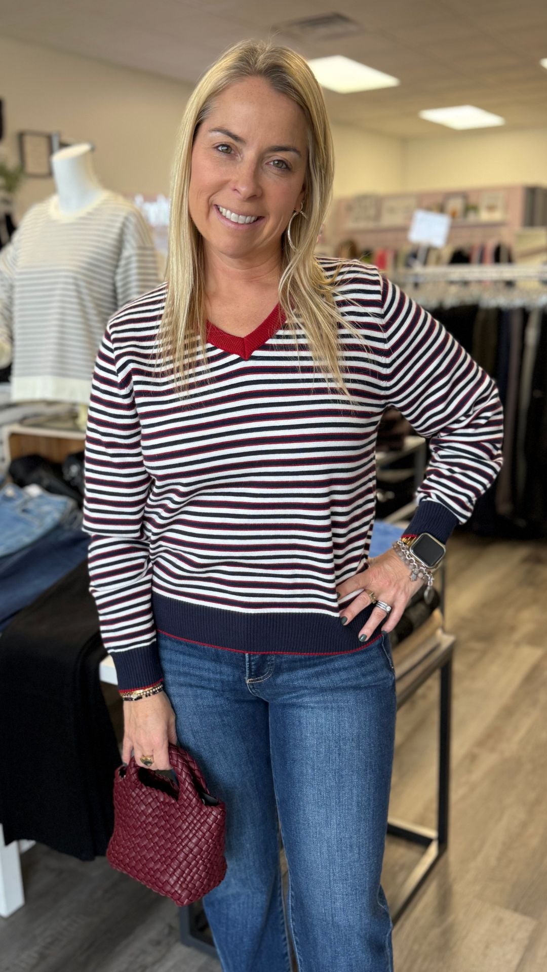 Burgundy And Navy Nautical Stripe V Neck Sweater