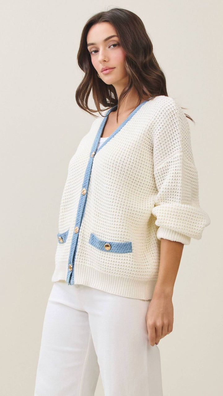 Cream And Denim Contrast Cardigan