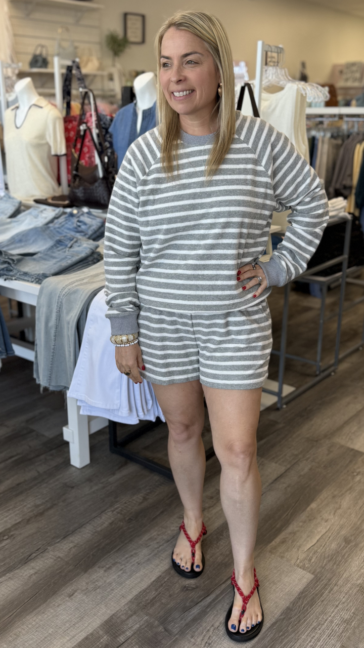 Grey And White Striped Terry Top And Shorts Set