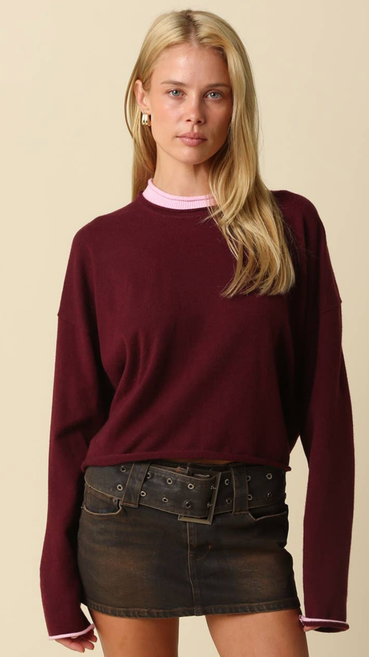 Wine And Pink Contrast Trim Knit Sweater