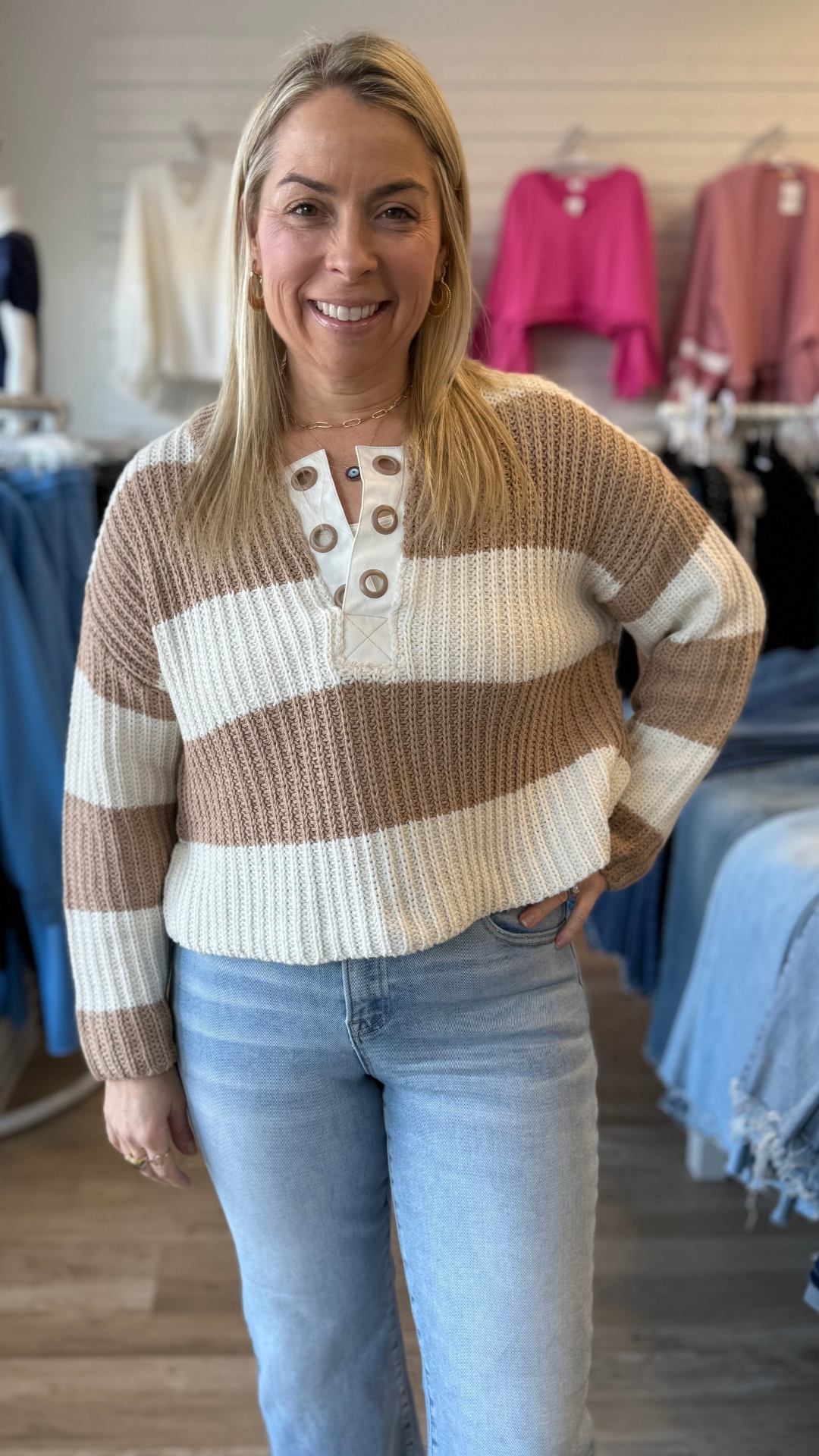 Ivory And Tan Stripe Sweater