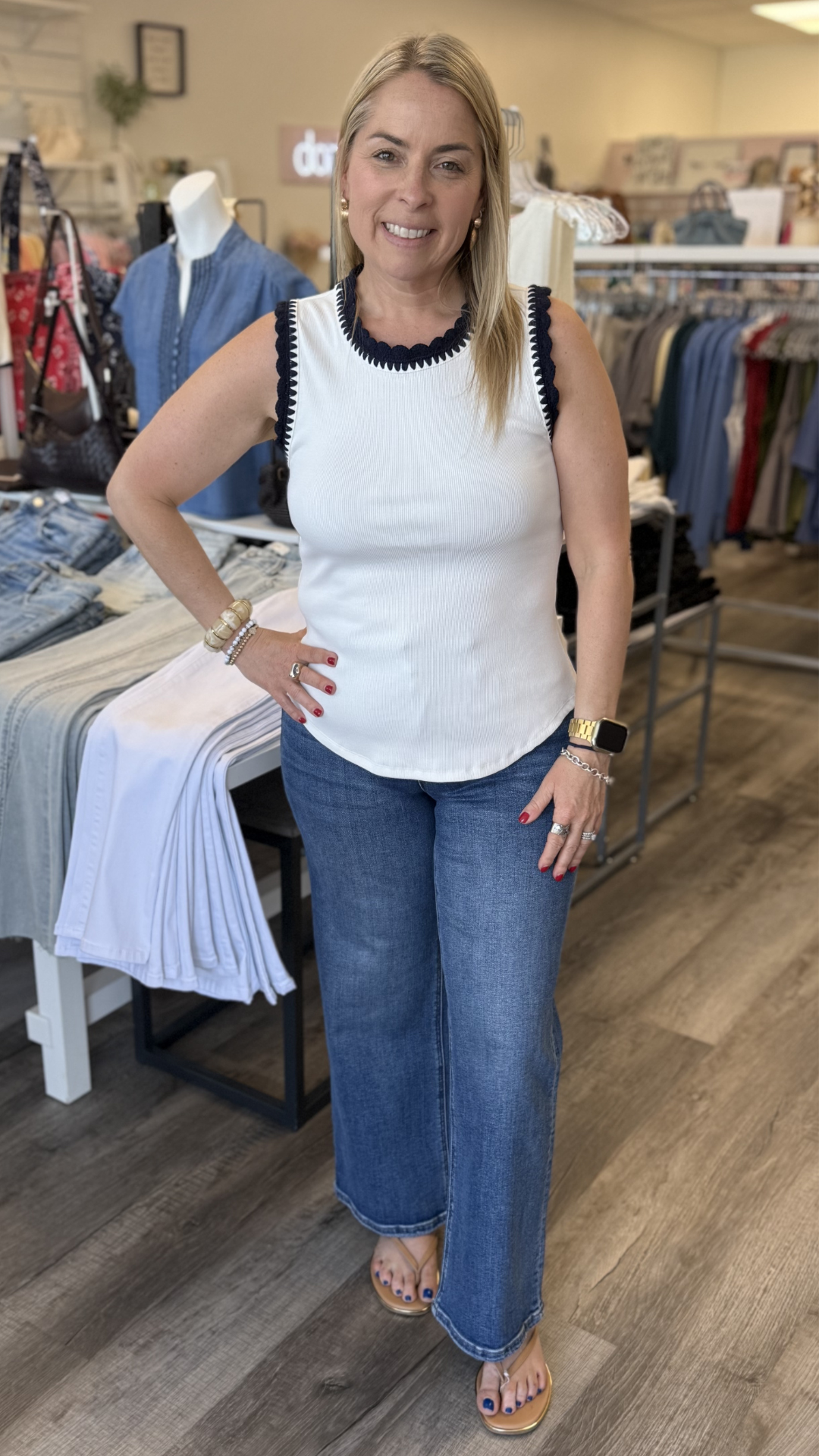 Navy Crochet Trim White Tank