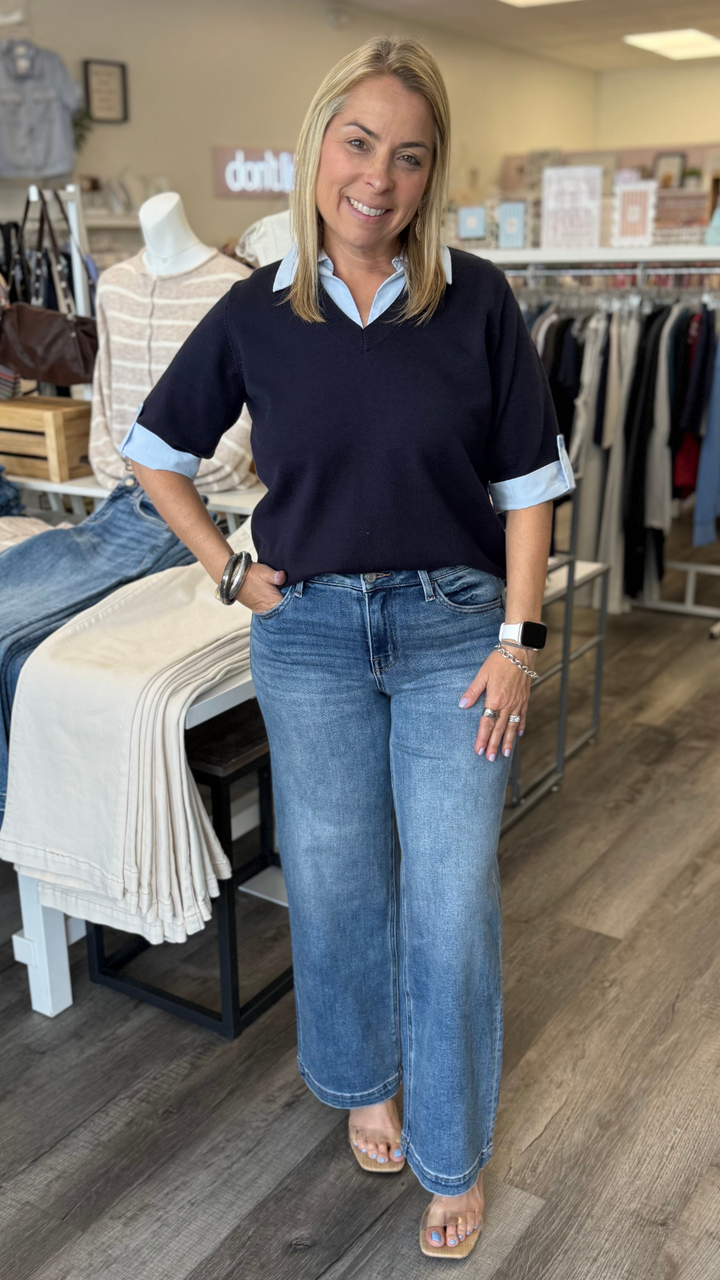 Mid Rise Medium Wash Ankle Wide Leg Jeans