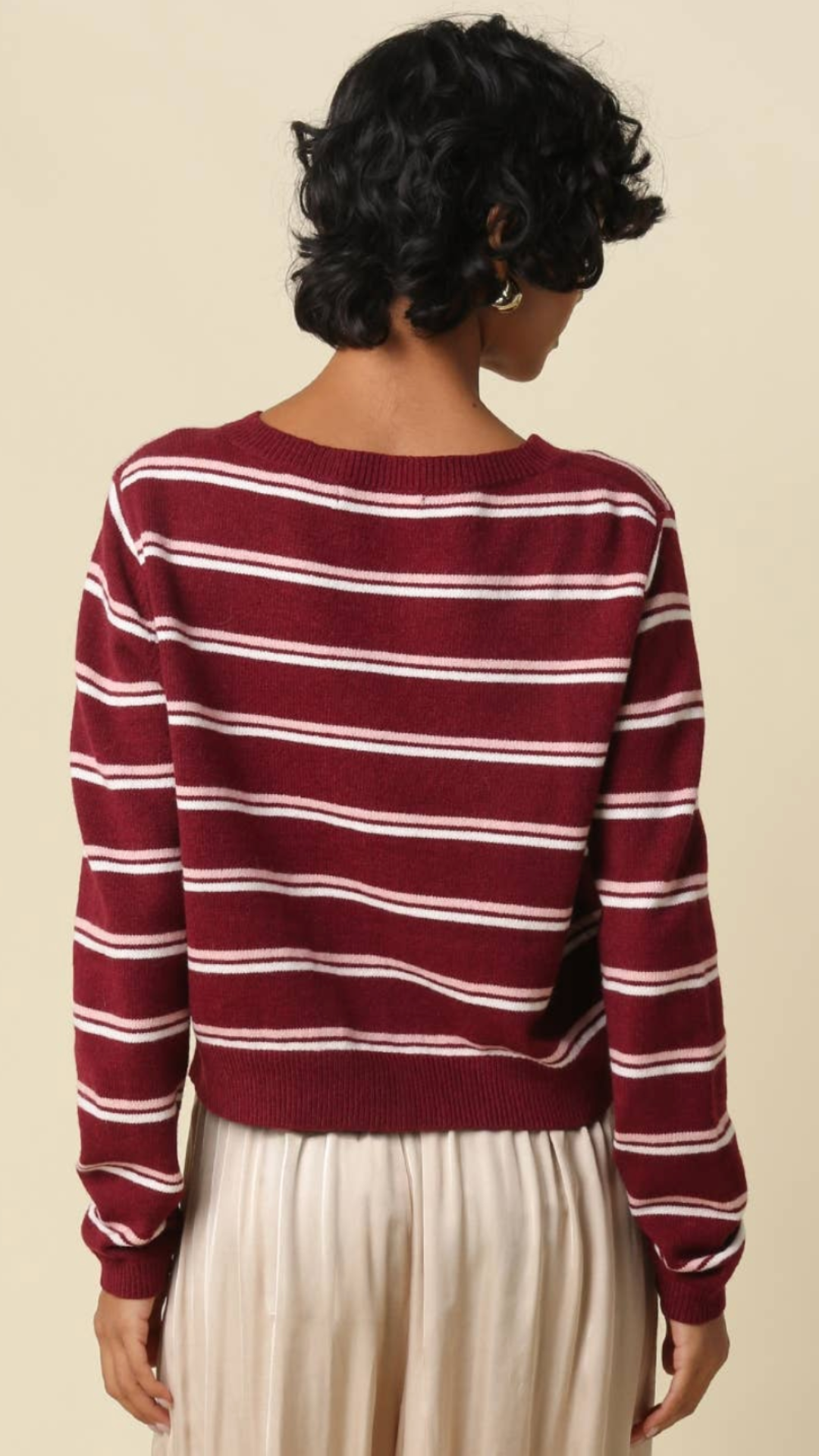 Burgundy Light Blue And Ivory Stripe Lightweight Cardigan