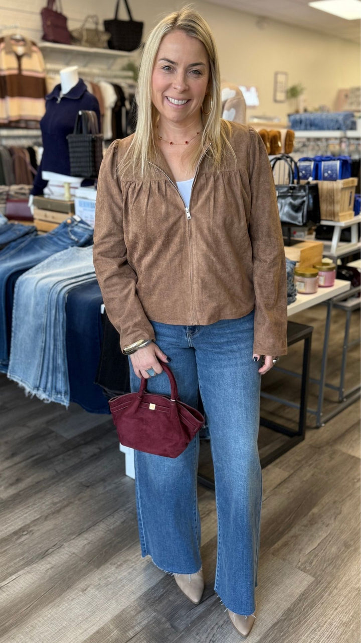 Mocha Shirred Vegan Suede Zip Up Jacket