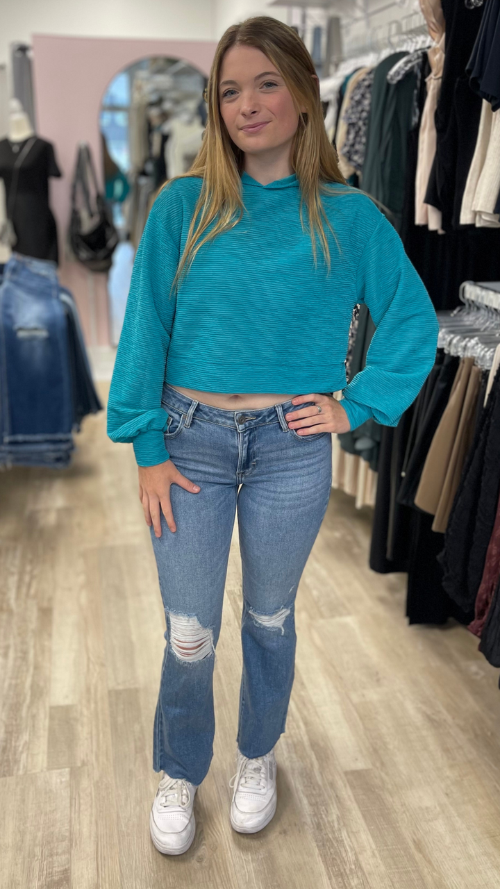 Teal Textured Cropped Hoodie